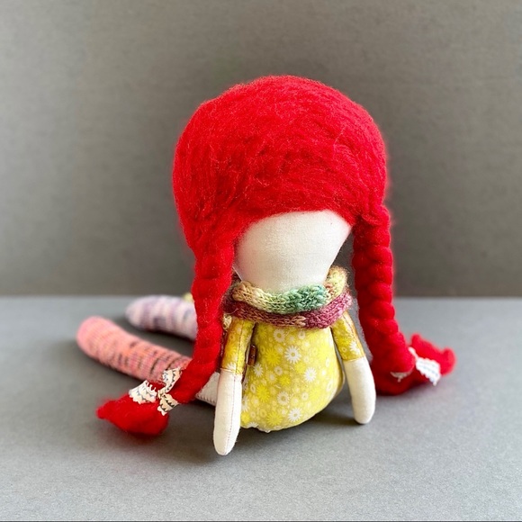 Red Haired Hand-Embroidered Fabric Art Doll - Picture 6 of 7
